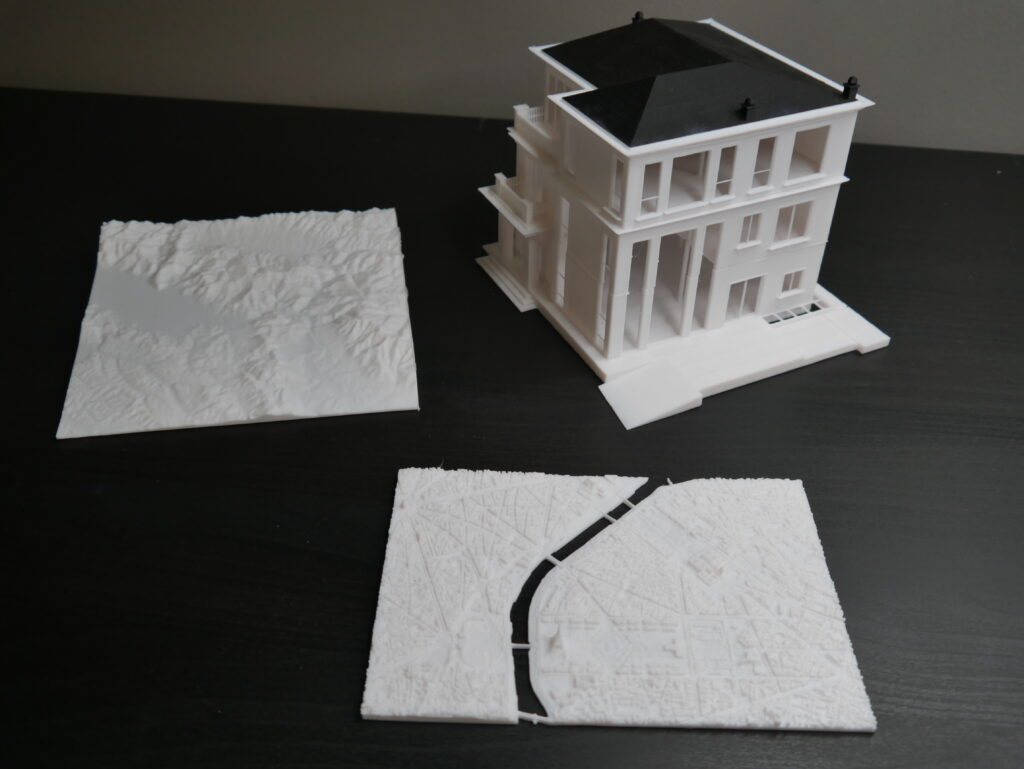 3 stampe in 3d: Parigi in Miniatura, Un modello architettonico e un mappa territoriale .
